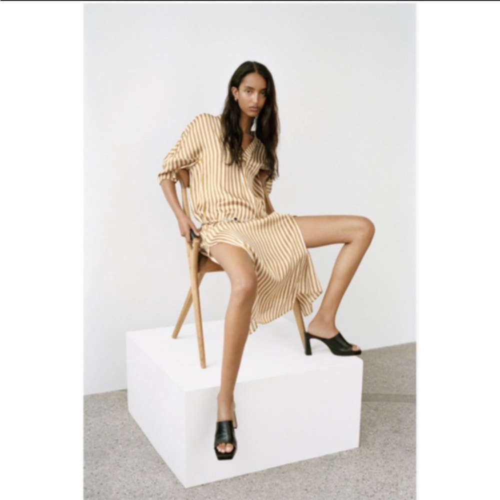 Zara Satin Mustard Striped Midi Dress